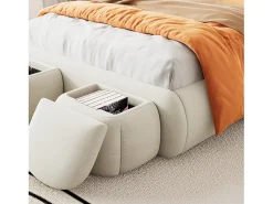 Cama infantil 90x200 cm acolchoada em veludo - orelha de coelho com LED regulável - com 2 bancos de arrumação - Bege