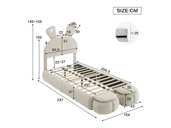 Cama infantil 90x200 cm acolchoada em veludo - orelha de coelho com LED regulável - com 2 bancos de arrumação - Bege