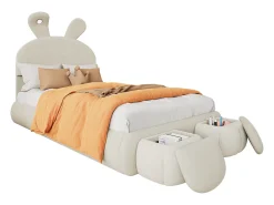 Cama infantil 90x200 cm acolchoada em veludo - orelha de coelho com LED regulável - com 2 bancos de arrumação - Bege