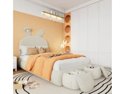 Cama infantil 90x200 cm acolchoada em veludo - orelha de coelho com LED regulável - com 2 bancos de arrumação - Bege