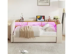 Cama infantil 90/180x190 cm bege em flanela, cama sofá com cama extraível, LED e USB, sem colchão