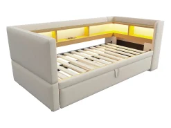 Cama infantil 90/180x190 cm bege em flanela, cama sofá com cama extraível, LED e USB, sem colchão