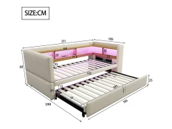 Cama infantil 90/180x190 cm bege em flanela, cama sofá com cama extraível, LED e USB, sem colchão