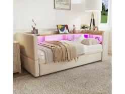 Cama infantil 90/180x190 cm bege em flanela, cama sofá com cama extraível, LED e USB, sem colchão