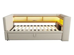 Cama infantil 90/180x190 cm bege em flanela, cama sofá com cama extraível, LED e USB, sem colchão