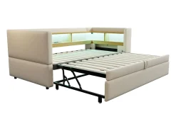 Cama infantil 90/180x190 cm bege em flanela, cama sofá com cama extraível, LED e USB, sem colchão