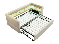 Cama infantil 90/180x190 cm bege em flanela, cama sofá com cama extraível, LED e USB, sem colchão