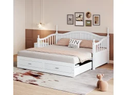 Cama infantil 90/180x190 cm, cama extensível com 2 gavetas, em pinho, cama multifuncional, branca