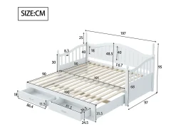Cama infantil 90/180x190 cm, cama extensível com 2 gavetas, em pinho, cama multifuncional, branca