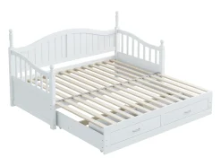 Cama infantil 90/180x190 cm, cama extensível com 2 gavetas, em pinho, cama multifuncional, branca