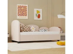 Cama infantil 90x200 cm com cama auxiliar em veludo, estrado de ripas, sem colchão, rosa claro