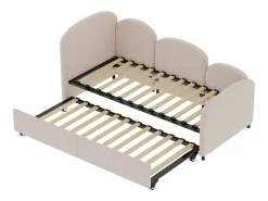 Cama infantil 90x200 cm com cama auxiliar em veludo, estrado de ripas, sem colchão, rosa claro