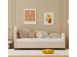 Cama infantil 90x200 cm com cama auxiliar em veludo, estrado de ripas, sem colchão, rosa claro