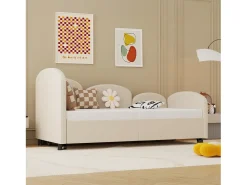 Cama infantil 90x200 cm com cama auxiliar em veludo, estrado de ripas, sem colchão, bege