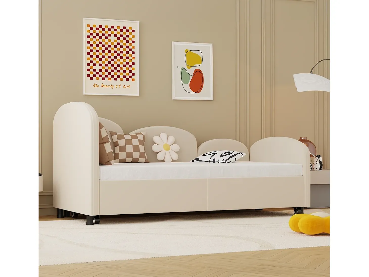 Cama infantil 90x200 cm com cama auxiliar em veludo, estrado de ripas, sem colchão, bege