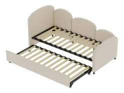 Cama infantil 90x200 cm com cama auxiliar em veludo, estrado de ripas, sem colchão, bege