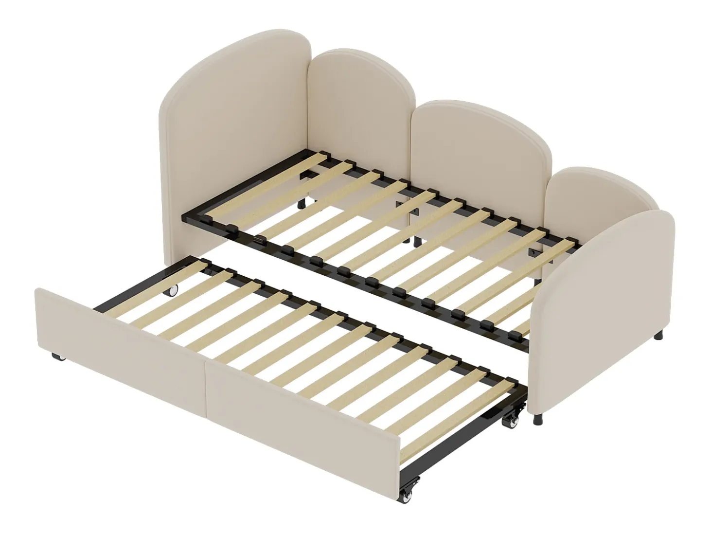 Cama infantil 90x200 cm com cama auxiliar em veludo, estrado de ripas, sem colchão, bege