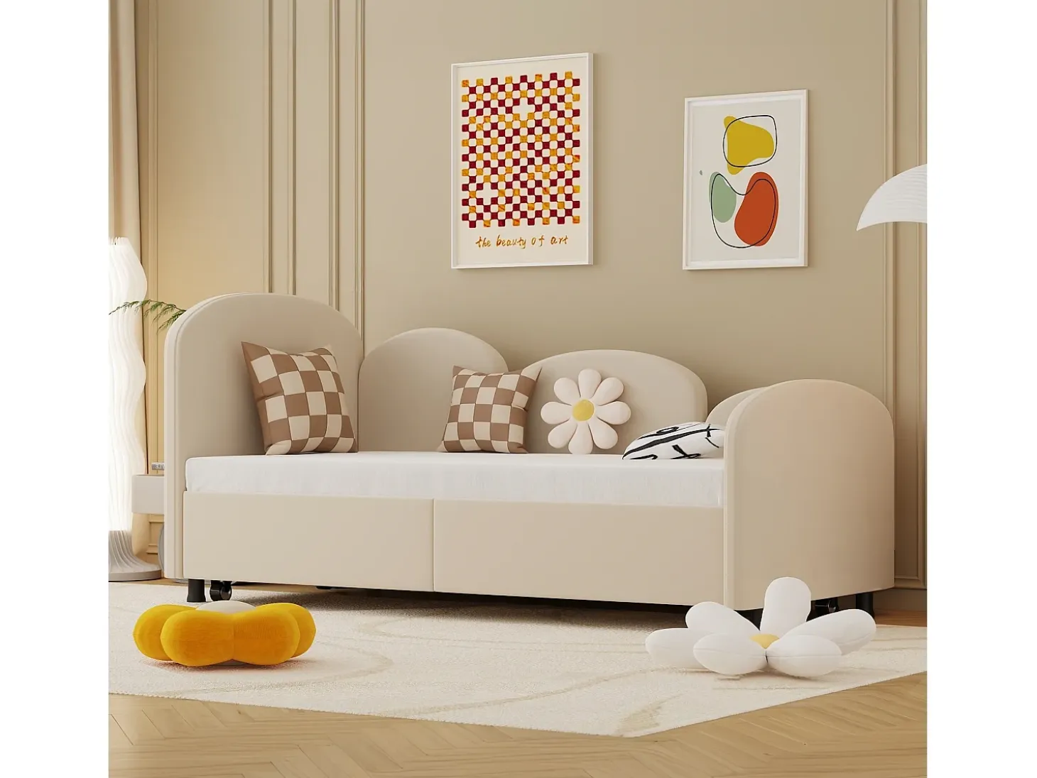 Cama infantil 90x200 cm com cama auxiliar em veludo, estrado de ripas, sem colchão, bege