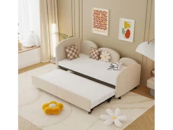 Cama infantil 90x200 cm com cama auxiliar em veludo, estrado de ripas, sem colchão, bege