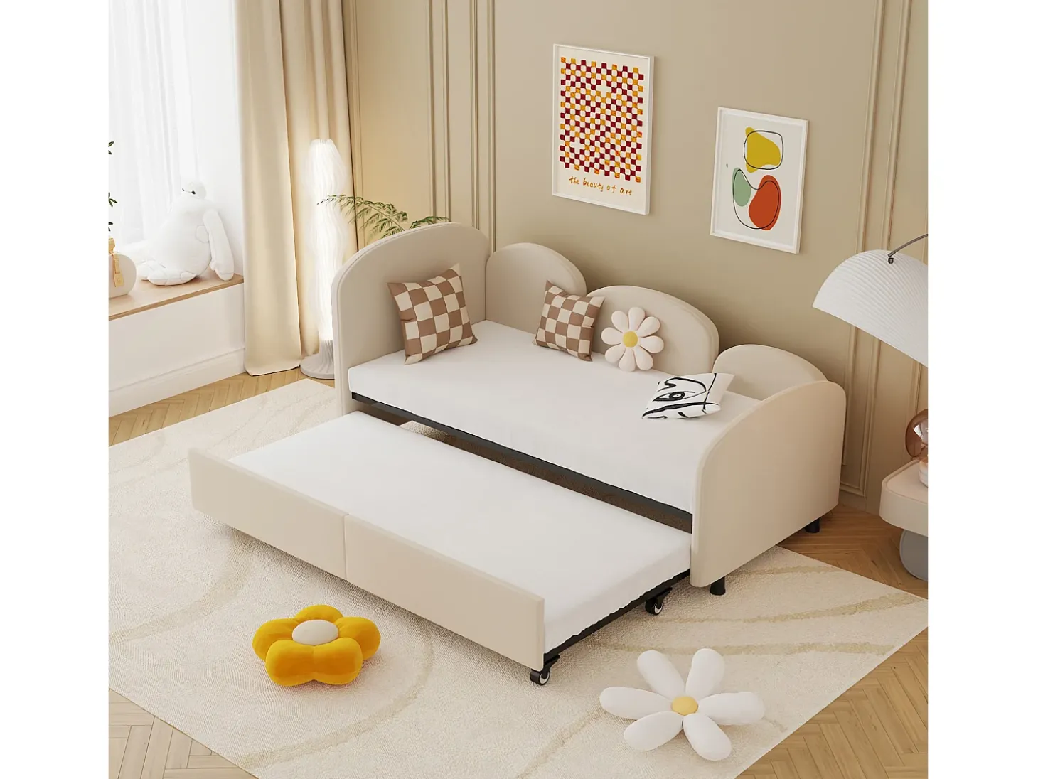 Cama infantil 90x200 cm com cama auxiliar em veludo, estrado de ripas, sem colchão, bege