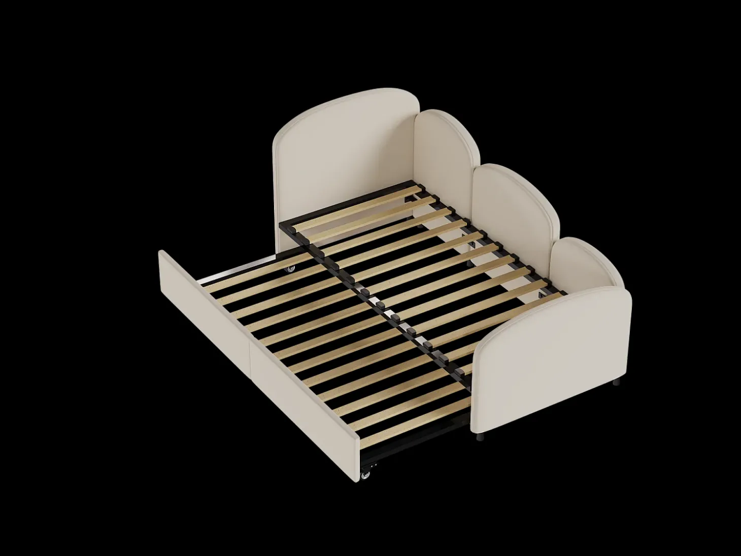 Cama infantil 90x200 cm com cama auxiliar em veludo, estrado de ripas, sem colchão, bege
