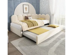 Cama infantil 90x200 cm com cama auxiliar 90x190 cm, revestida em veludo bege, sem colchão