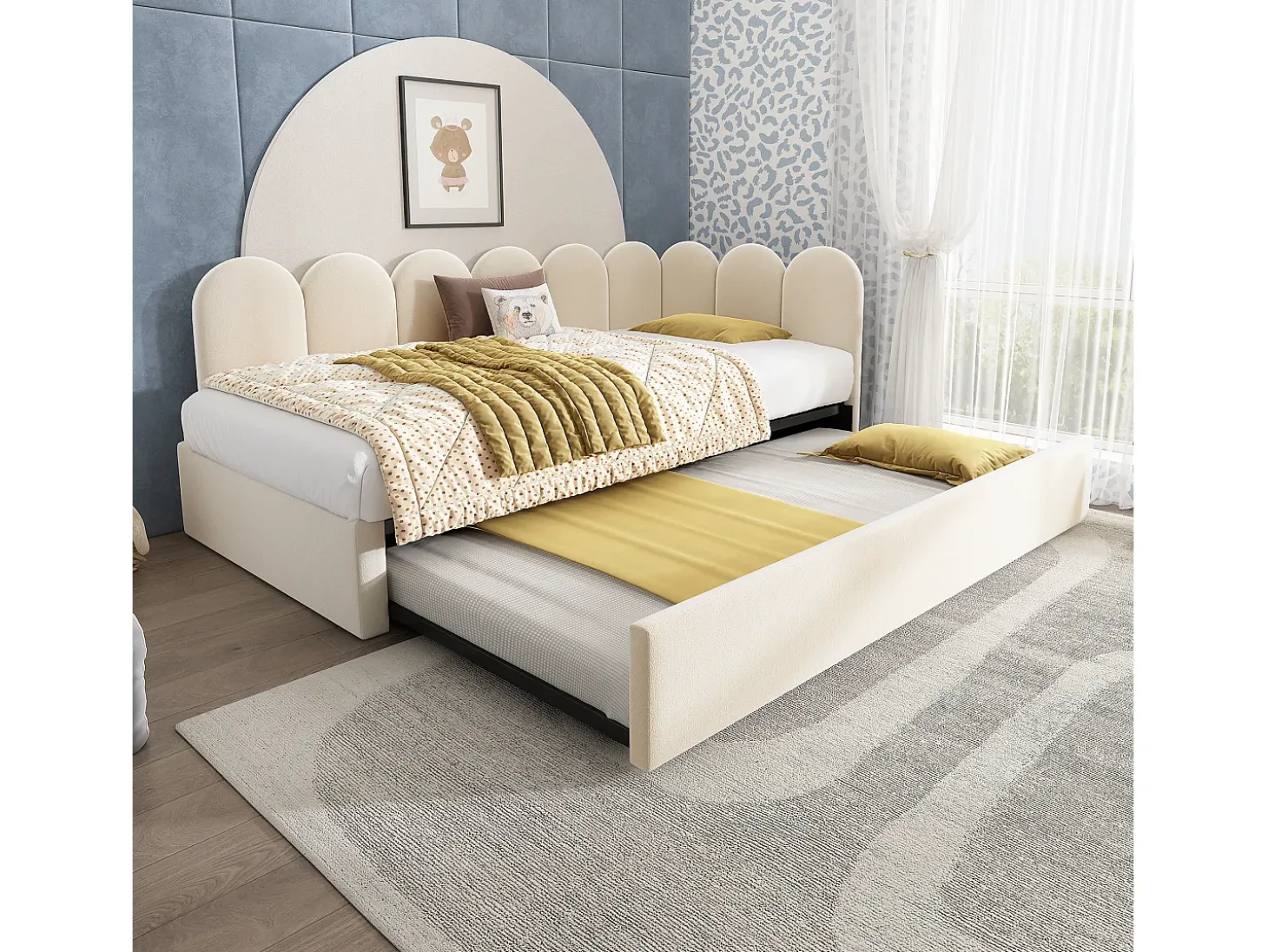 Cama infantil 90x200 cm com cama auxiliar 90x190 cm, revestida em veludo bege, sem colchão