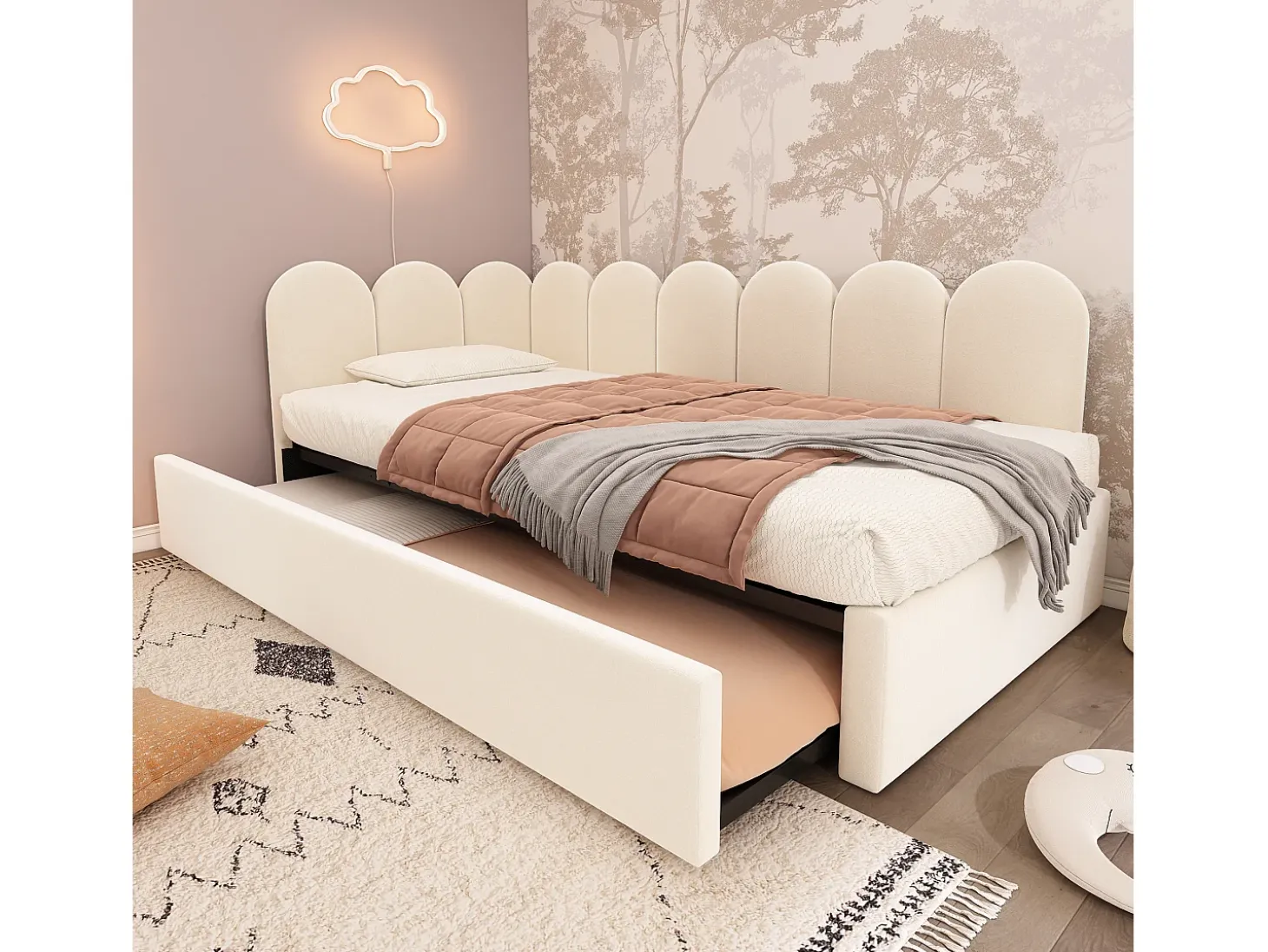 Cama infantil 90x200 cm com cama auxiliar 90x190 cm, revestida em veludo bege, sem colchão