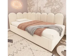 Cama infantil 90x200 cm com cama auxiliar 90x190 cm, revestida em veludo bege, sem colchão