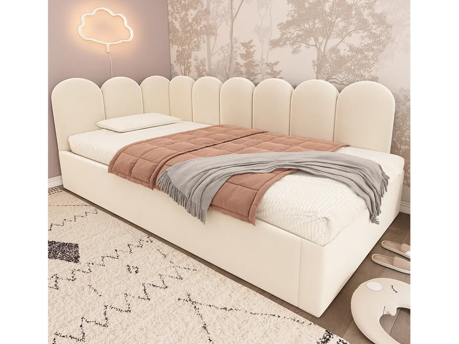 Cama infantil 90x200 cm com cama auxiliar 90x190 cm, revestida em veludo bege, sem colchão