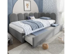 Cama infantil 90x200 cm com cama auxiliar 90x190 cm, revestida em veludo cinza, sem colchão