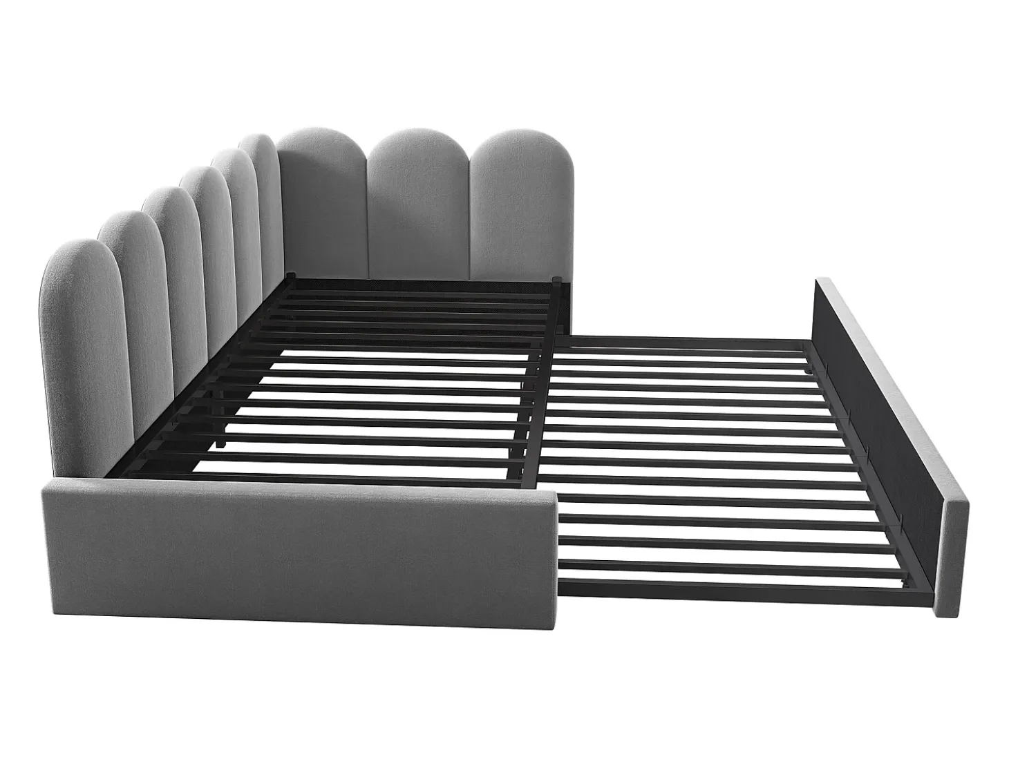 Cama infantil 90x200 cm com cama auxiliar 90x190 cm, revestida em veludo cinza, sem colchão