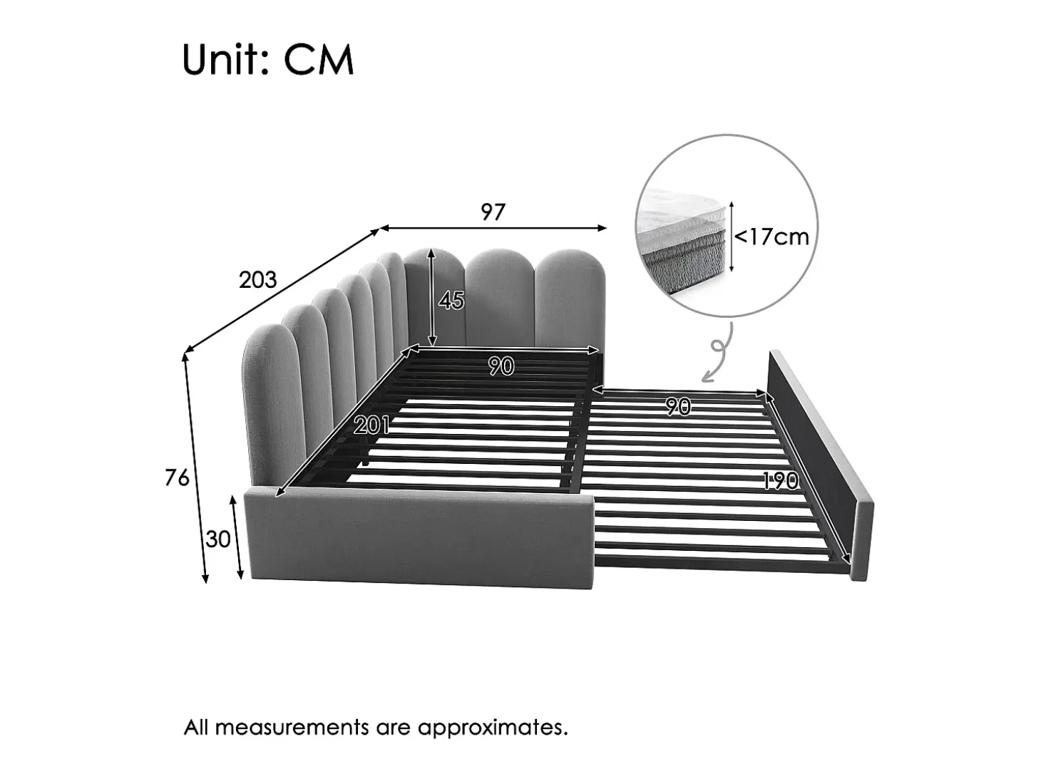 Cama infantil 90x200 cm com cama auxiliar 90x190 cm, revestida em veludo cinza, sem colchão