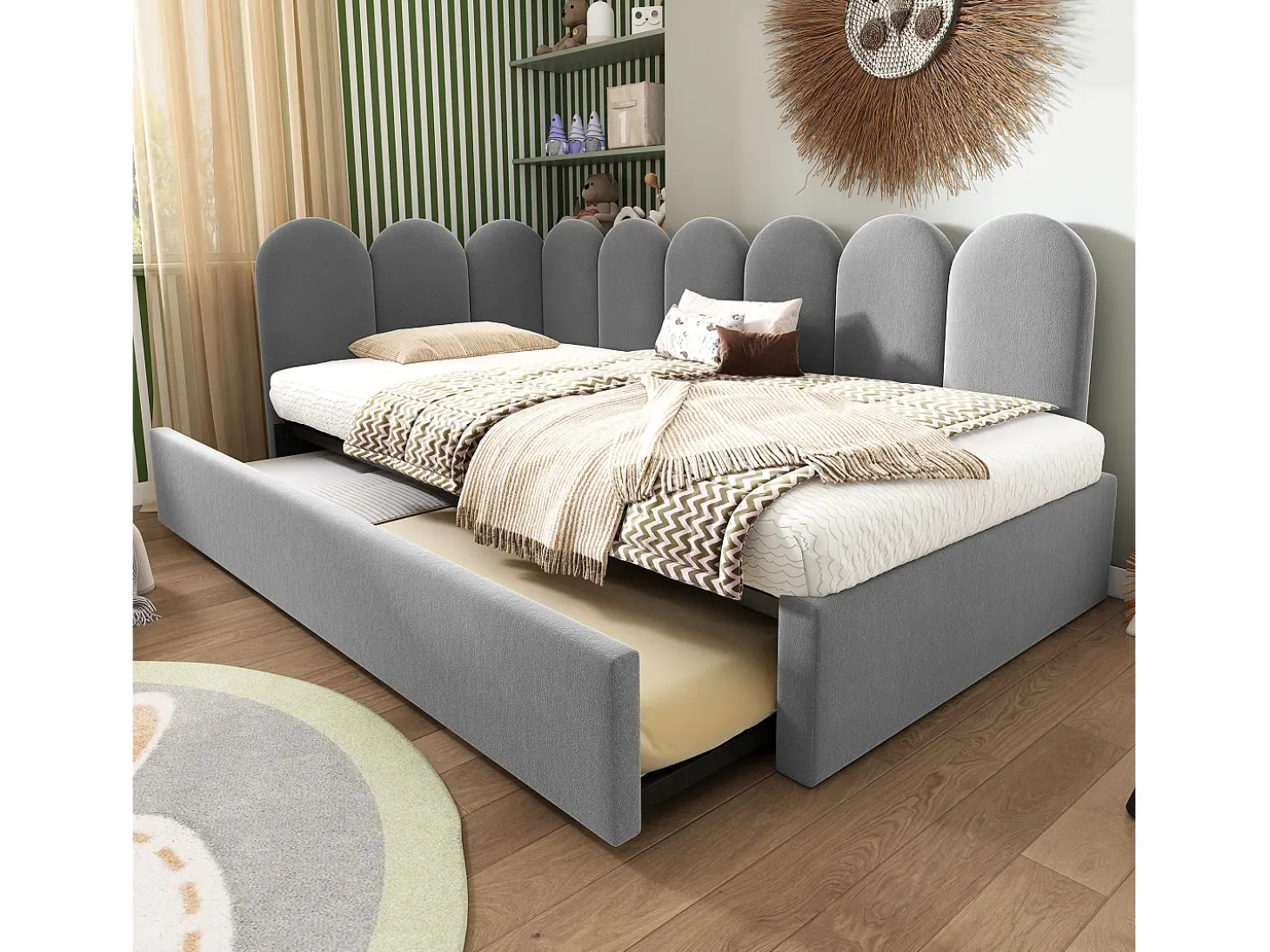 Cama infantil 90x200 cm com cama auxiliar 90x190 cm, revestida em veludo cinza, sem colchão