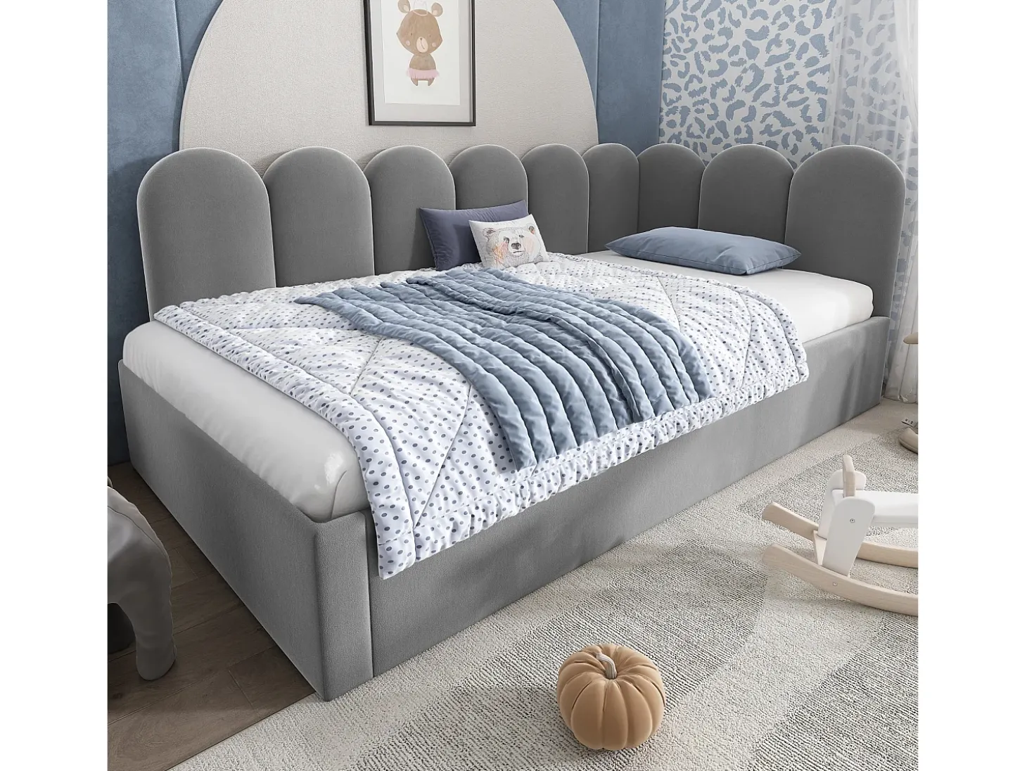 Cama infantil 90x200 cm com cama auxiliar 90x190 cm, revestida em veludo cinza, sem colchão