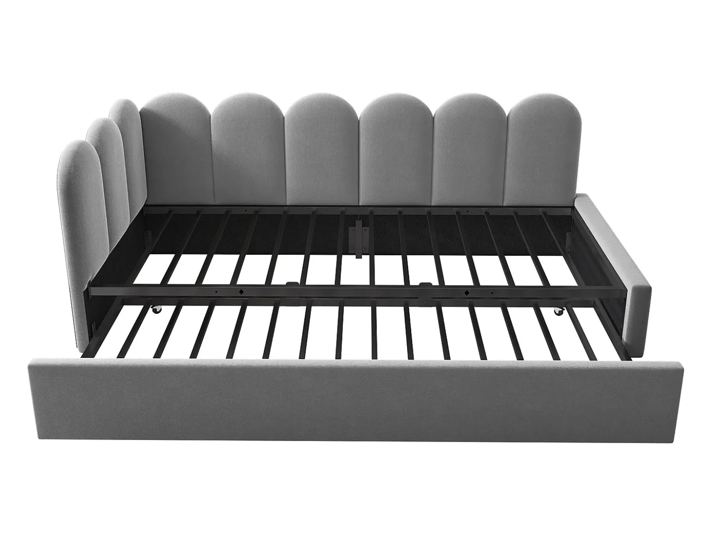 Cama infantil 90x200 cm com cama auxiliar 90x190 cm, revestida em veludo cinza, sem colchão