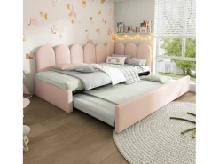 Cama infantil 90x200 cm com cama auxiliar 90x190 cm, revestida em veludo rosa, sem colchão
