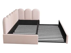 Cama infantil 90x200 cm com cama auxiliar 90x190 cm, revestida em veludo rosa, sem colchão