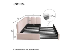 Cama infantil 90x200 cm com cama auxiliar 90x190 cm, revestida em veludo rosa, sem colchão