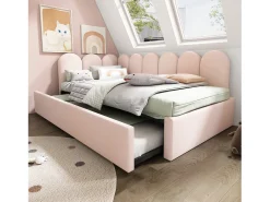 Cama infantil 90x200 cm com cama auxiliar 90x190 cm, revestida em veludo rosa, sem colchão