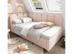 Cama infantil 90x200 cm com cama auxiliar 90x190 cm, revestida em veludo rosa, sem colchão