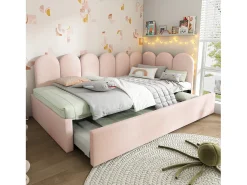 Cama infantil 90x200 cm com cama auxiliar 90x190 cm, revestida em veludo rosa, sem colchão