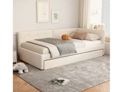 Cama infantil 90x200 cm com litera 90x190 cm em veludo, sommier de varetas e sem colchão, bege