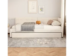 Cama infantil 90x200 cm com litera 90x190 cm em veludo, sommier de varetas e sem colchão, bege
