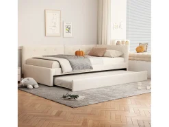 Cama infantil 90x200 cm com litera 90x190 cm em veludo, sommier de varetas e sem colchão, bege
