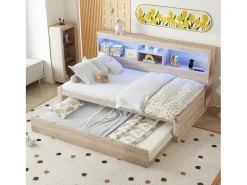 Cama infantil 90x200 cm com prateleira, cama ninho 90x190 cm, MDF natural, sem colchão