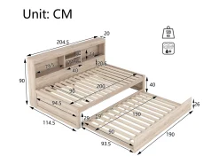 Cama infantil 90x200 cm com prateleira, cama ninho 90x190 cm, MDF natural, sem colchão