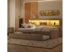 Cama infantil 90x200 cm com prateleira, cama ninho 90x190 cm, MDF natural, sem colchão