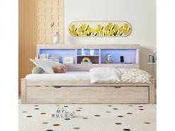 Cama infantil 90x200 cm com prateleira, cama ninho 90x190 cm, MDF natural, sem colchão