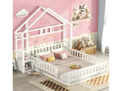Cama infantil 140x200cm com mesa de cabeceira e grades de segurança - base de ripas - Branco